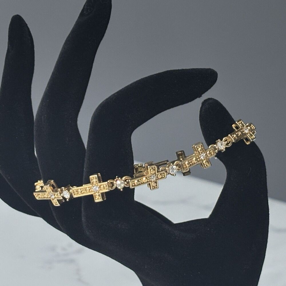 Vintage Avon Cross Bracelet Gold Tone Rhinestone 7"